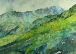 DAVID GROSVENOR watercolour - expansive Snowdon landscape, 'Lliwedd', signed, 50 x 72 cms