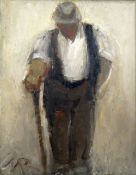 WILL ROBERTS oil - single farmer with waistcoat, stick and hat, entitled verso 'Farmer, Tyn-y-Waun',