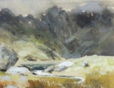 KEITH ANDREW watercolour - moody Welsh landscape, signed and entitled verso 'Dark Ridge, Cader