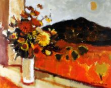 DONALD McINTYRE acrylic / oil - still life of flowers on a windowsill with landscape beyond,
