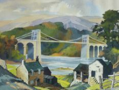 JAMES PRIDDEY watercolour & mixed media - the Menai Suspension Bridge with buildings in the