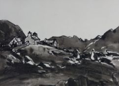 SIR KYFFIN WILLIAMS RA colour wash - hill farm, Deiniolen, signed with initials, 24 x 33cms