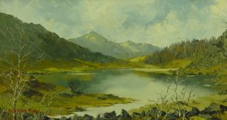 CHARLES WYATT WARREN oil on board - Snowdonia lake scene with silver birch trees, signed and