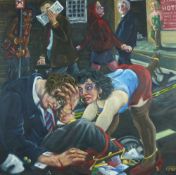 CARL F HODGSON oil on canvas in a box frame - a social statement, figures in a street, signed with