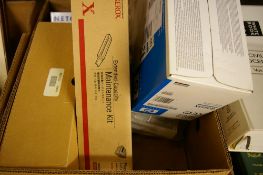 Box containing sealed printer spares including Xerox, HP etc