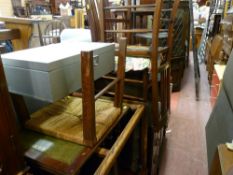 Black ash modern corner shelf unit, an assortment of chairs, string stool, nest of three tables