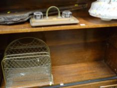 Vintage glass ceiling lampshade, set of bellows, desk stand and wire magazine rack
