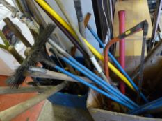 Two boxes of mixed garden and garage tools including drain rods, loppers, iron bars etc
