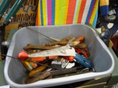 Tub and box of hand tools and an ironing board