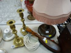 Pair of heavy brass candlesticks, table lamp etc