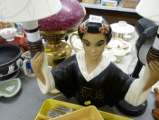 Oriental lady table lamp ensemble, converted oil lamp etc