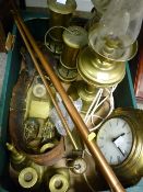 Parcel of mainly brassware including converted oil lamps, horns etc