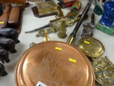 Long handled copper bedwarming pan, items of brassware etc