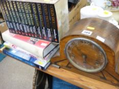 Mahogany mantel clock and a series of Colin Dexter novels and other books