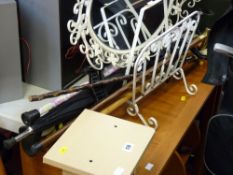 Parcel of furniture including tea trolley, shelf, fender, metal framed mirror, sticks, magazine rack