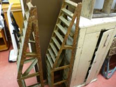 Vintage garage pine cupboard, pair of car ramps and a set of steps