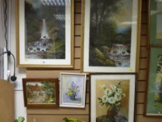 G SCOTT pair of framed acrylic paintings - waterfall scenes and a quantity of other framed