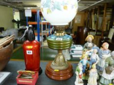 Vintage oil lamp with green glass reservoir and milk glass shade