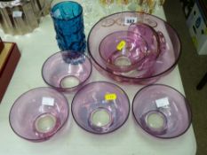 Whitefriars glass style bark vase and other glassware