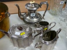 Three piece electroplate tea service and a non-matching coffeepot