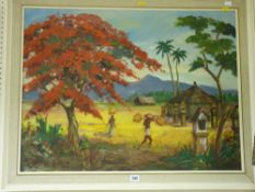 Oil on canvas - crop gatherers, indistinctly signed