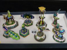 Collection of nine Eastern white metal decorated birds and animals