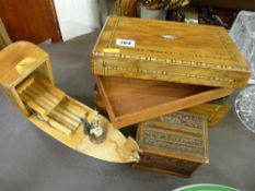 Inlaid and mother of pearl decorated jewellery box and two treen novelty cigarette dispensers