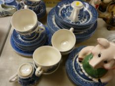 Nat West style pig and a quantity of blue and white dinnerware