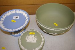 Wedgwood Jasperware blue pedestal dish, a green Wedgwood Jasperware pedestal bowl and a green ring