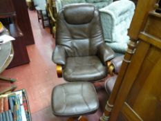 Brown leather effect swivel and reclining armchair with matching footstool