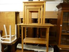 Pine two tier table and a nest of three tables