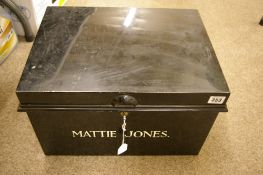 Old deed box with key and inscribed 'Mattie Jones'