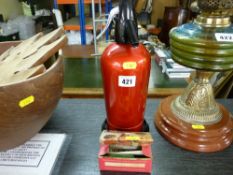 Vintage soda syphon on stand with box of refills etc