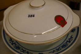 Blue and white dish and tureen both having the emblem for The People's Republic of China