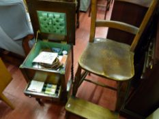 Period highchair and a barley twist sewing cabinet with haberdashery contents