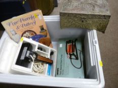 White metal heavy jewellery box with raised Oriental images and a mixed parcel of household items