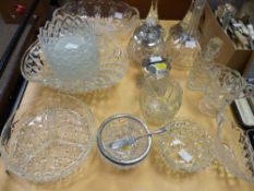 Pair of glass candlesticks, decanter and other mixed glassware