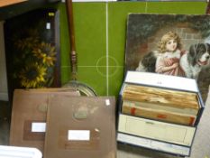 Mixed parcel of items including painting on panel, brass warming pan, vinyl records etc