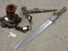 Faux rhino horn libation beaker, bronze tomahawk, short sword etc