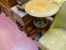 Period circular topped side table with centre galleried shelf and a polished twin flap side table