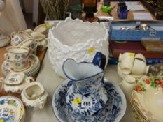 Small blue and white jug and basin set, oil lamp, jardiniere etc