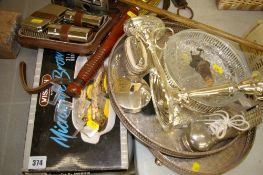 Parcel of miscellaneous electroplate, cased gent's vanity set, old truncheon etc