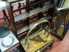 Open compartmented bookshelf, stool with woven leather top, interesting gong etc