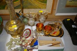 Parcel of mixed decorative items including raw minerals, brass lidded jug, glassware etc