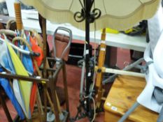 Stickstand with drip tray and contents, standard lamps, pine table, highchair, tapestry stand etc