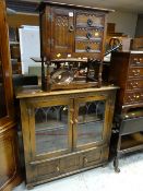Priory-style lead glazed cabinet together with a small raised cupboard & drawer and bed warming pan