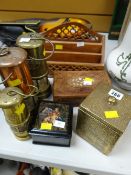 Three reproduction miners lamps, a brass tea caddy etc