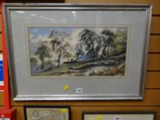 Framed watercolour of hunters in a woodland