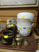 A parcel of brassware & pottery jelly moulds