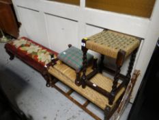 Five various upholstered & rush topped footstools